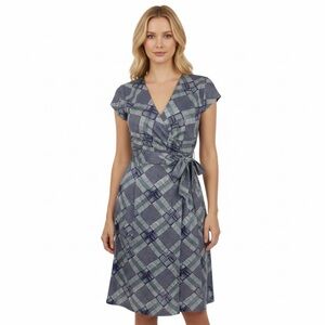 Banana Republic Navy Blue Gray Mod Plaid True Wrap Dress 8 Petite